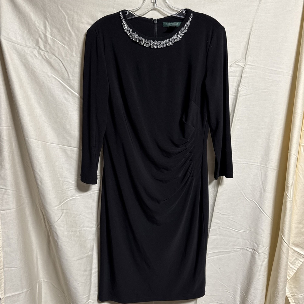 Lauren Ralph Lauren Black Sheath Dress Beaded Neck Ruched Cocktail 10